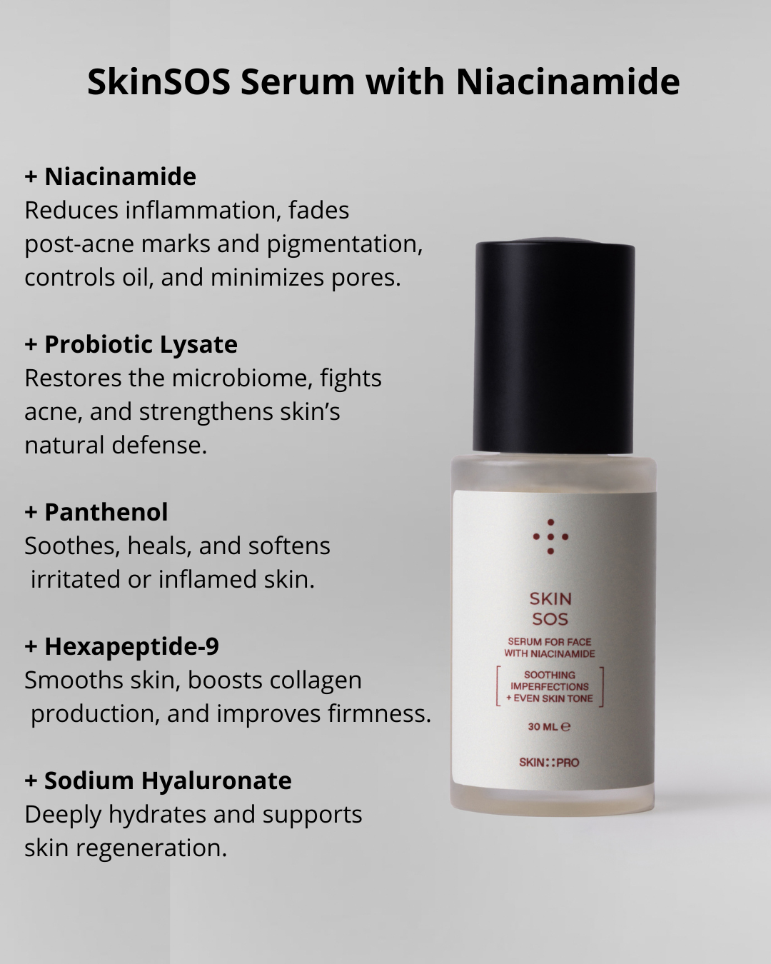 SkinSOS Serum with Niacinamide bottle on a light gray background
