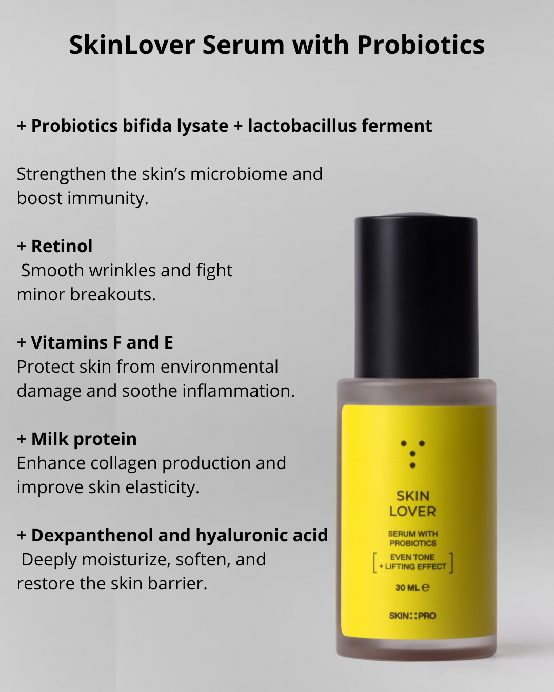 SkinLover Serum with Probiotics on a gray background